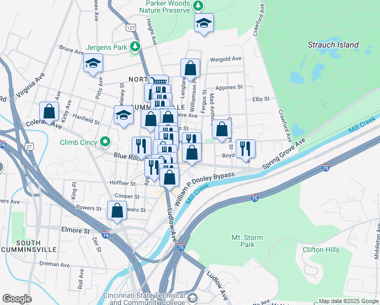 map of restaurants, bars, coffee shops, grocery stores, and more near 1550 Blue Rock Street in Cincinnati