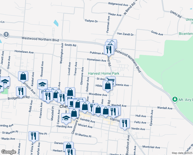 map of restaurants, bars, coffee shops, grocery stores, and more near 3945 Davis Avenue in Cincinnati