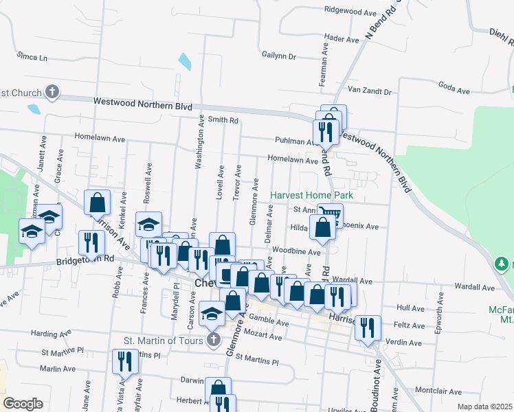 map of restaurants, bars, coffee shops, grocery stores, and more near 3944 Glenmore Avenue in Cincinnati