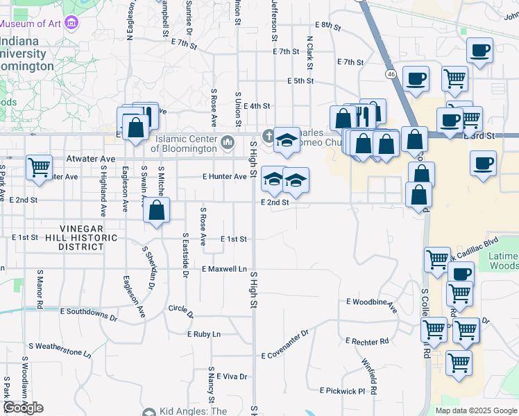 map of restaurants, bars, coffee shops, grocery stores, and more near 701 South High Street in Bloomington