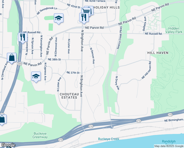 map of restaurants, bars, coffee shops, grocery stores, and more near 5063 Northeast 37th Street in Kansas City