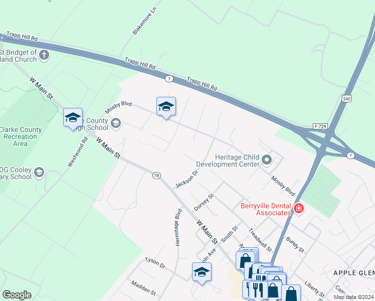 map of restaurants, bars, coffee shops, grocery stores, and more near 512 Ewell Court in Berryville