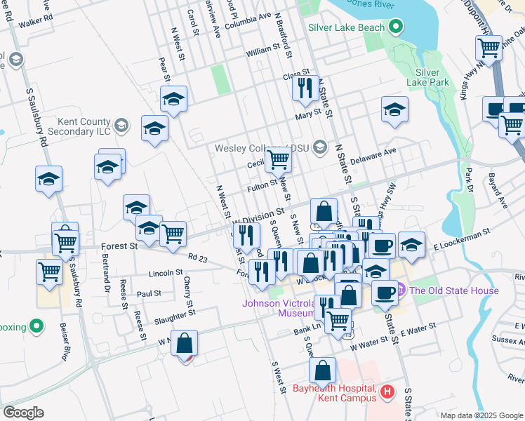 map of restaurants, bars, coffee shops, grocery stores, and more near 415 West Division Street in Dover