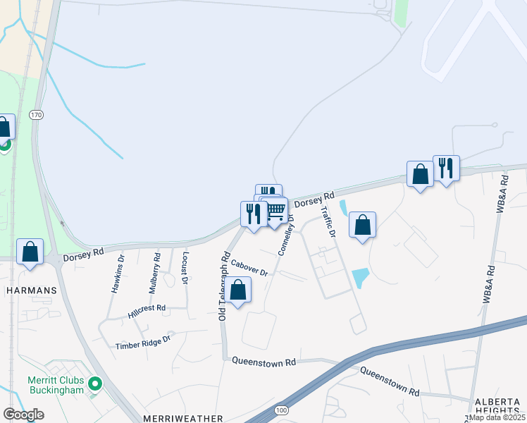 map of restaurants, bars, coffee shops, grocery stores, and more near 1745 Dorsey Road in Hanover