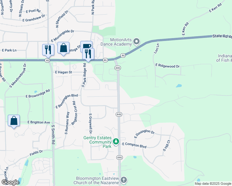 map of restaurants, bars, coffee shops, grocery stores, and more near 4499 East Janet Drive in Bloomington