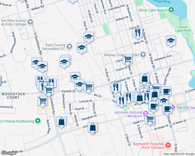 map of restaurants, bars, coffee shops, grocery stores, and more near 37 Ridgely Street in Dover