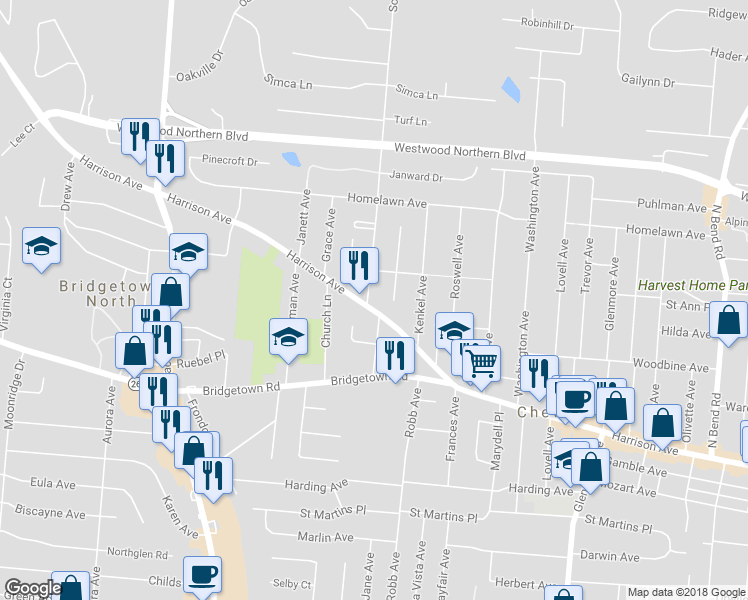 map of restaurants, bars, coffee shops, grocery stores, and more near 4198 Harrison Avenue in Cincinnati