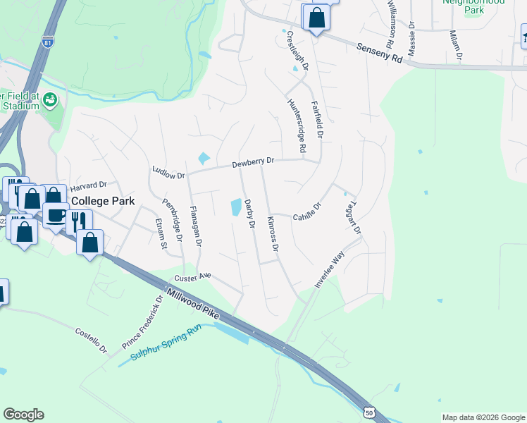 map of restaurants, bars, coffee shops, grocery stores, and more near 130 Kinross Drive in Winchester