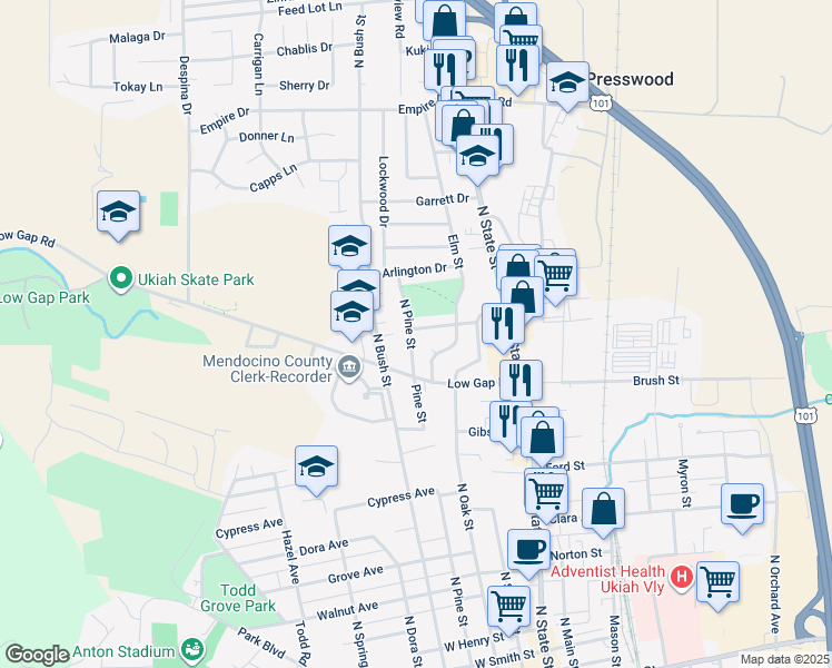 map of restaurants, bars, coffee shops, grocery stores, and more near 1099 North Pine Street in Ukiah