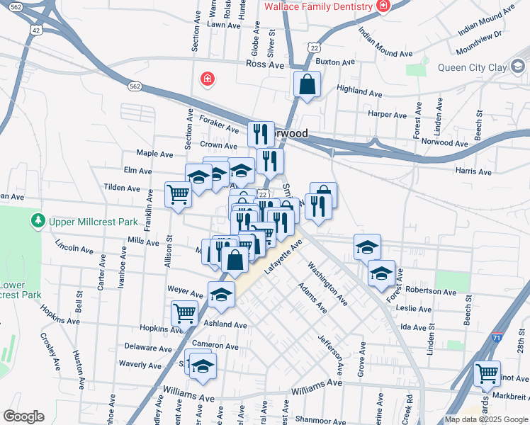 map of restaurants, bars, coffee shops, grocery stores, and more near 4478 Montgomery Road in Norwood
