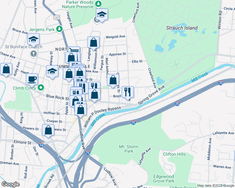 map of restaurants, bars, coffee shops, grocery stores, and more near 4117 Chambers Street in Cincinnati