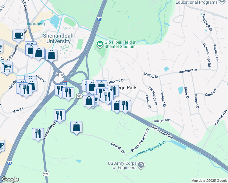 map of restaurants, bars, coffee shops, grocery stores, and more near 108 Princeton Drive in Winchester