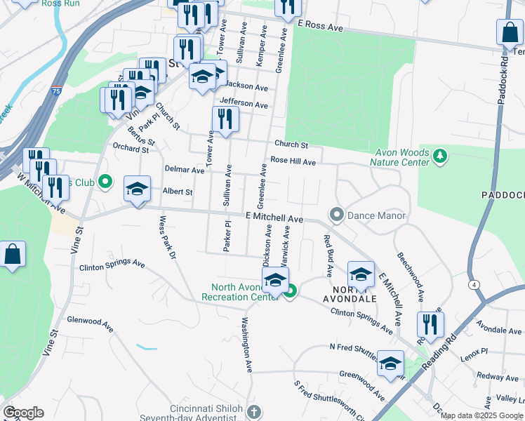 map of restaurants, bars, coffee shops, grocery stores, and more near 502 East Mitchell Avenue in Cincinnati