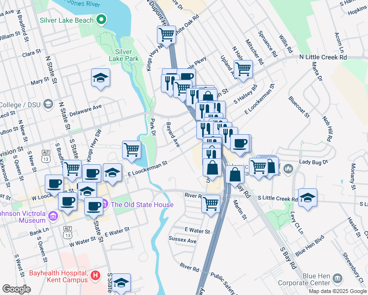map of restaurants, bars, coffee shops, grocery stores, and more near 505 East Loockerman Street in Dover