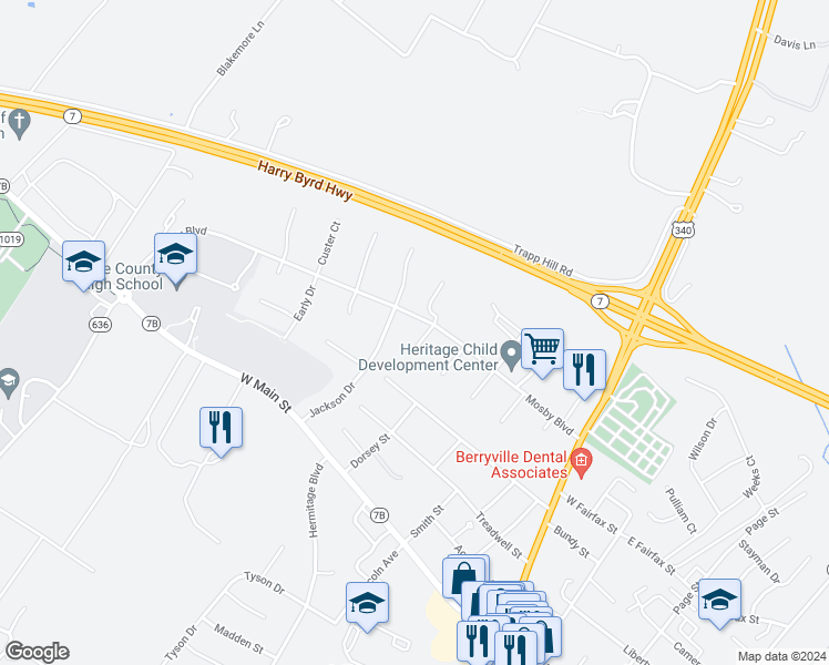 map of restaurants, bars, coffee shops, grocery stores, and more near 305 Stuart Court in Berryville