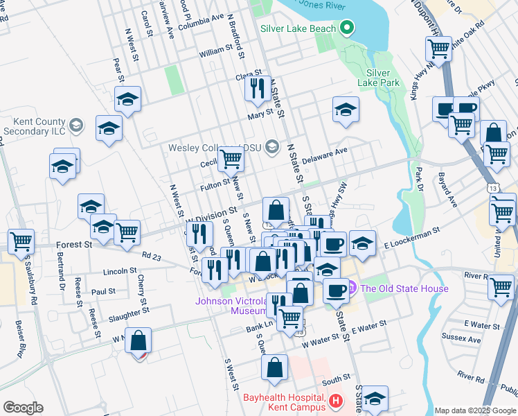 map of restaurants, bars, coffee shops, grocery stores, and more near 8 South Governors Avenue in Dover