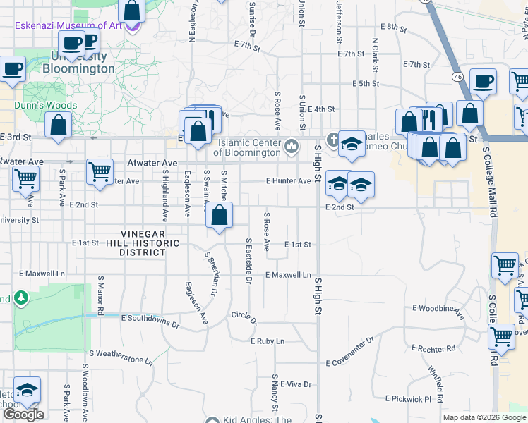 map of restaurants, bars, coffee shops, grocery stores, and more near 613 South Eastside Drive in Bloomington