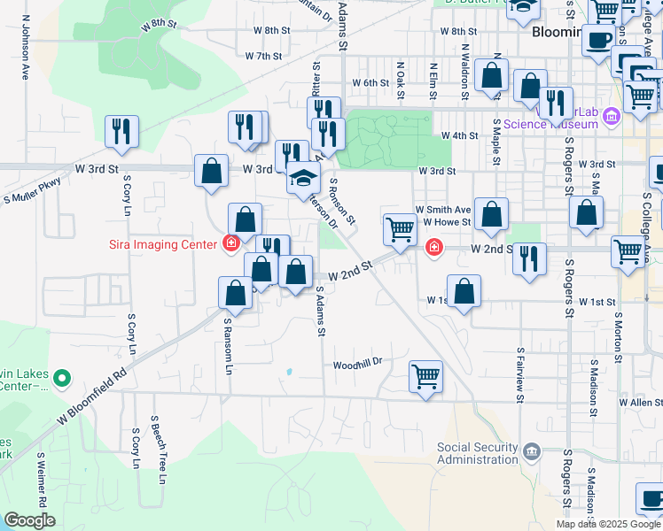 map of restaurants, bars, coffee shops, grocery stores, and more near 1210 West 2nd Street in Bloomington
