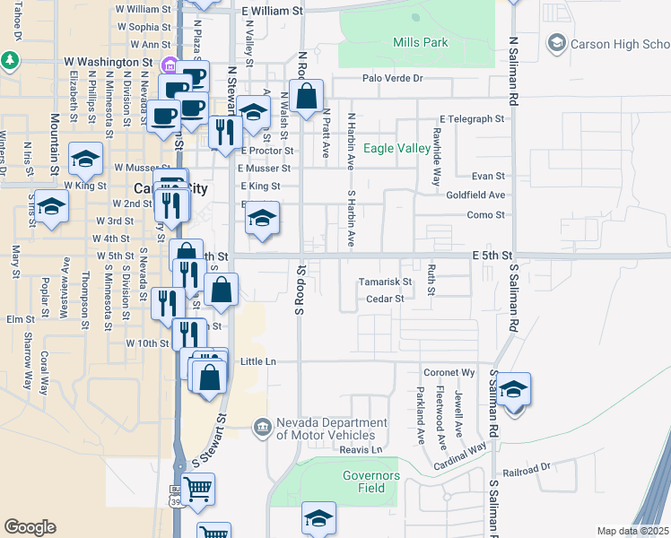 map of restaurants, bars, coffee shops, grocery stores, and more near 621 Linda Kay Court in Carson City
