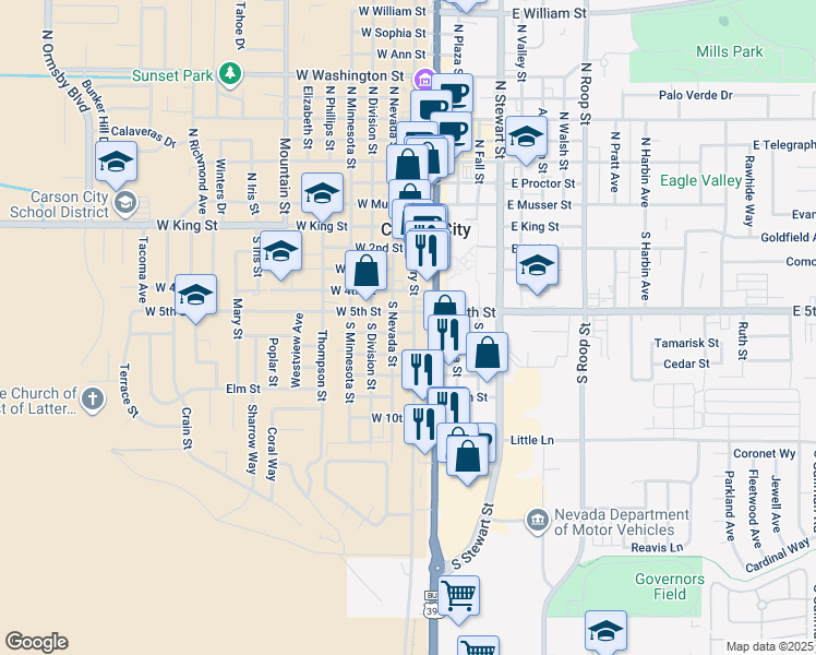 map of restaurants, bars, coffee shops, grocery stores, and more near 600 South Carson Street in Carson City