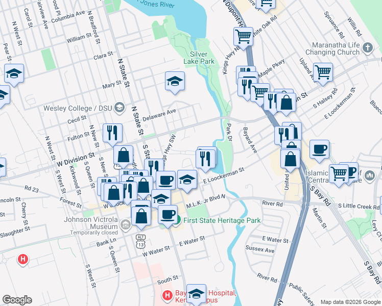 map of restaurants, bars, coffee shops, grocery stores, and more near 145 Kings Highway Southwest in Dover