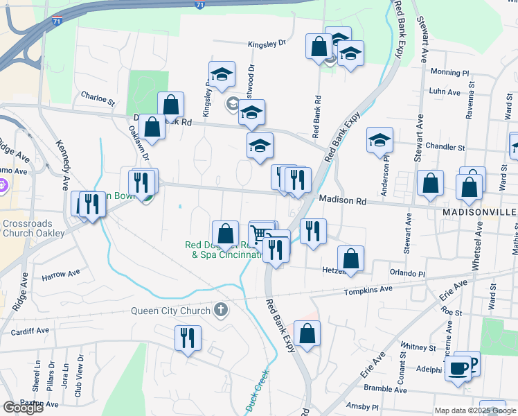 map of restaurants, bars, coffee shops, grocery stores, and more near 4900 Babson Place in Cincinnati