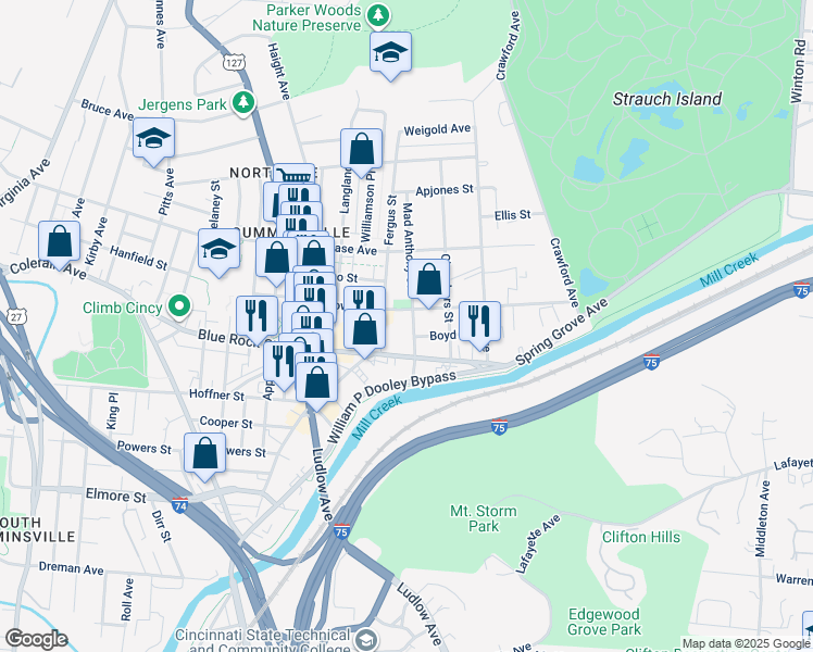 map of restaurants, bars, coffee shops, grocery stores, and more near 4117 Mad Anthony Street in Cincinnati