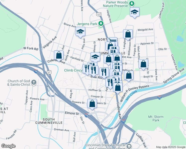 map of restaurants, bars, coffee shops, grocery stores, and more near 1672 Blue Rock Street in Cincinnati