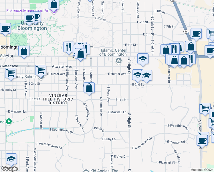 map of restaurants, bars, coffee shops, grocery stores, and more near 613 South Eastside Drive in Bloomington
