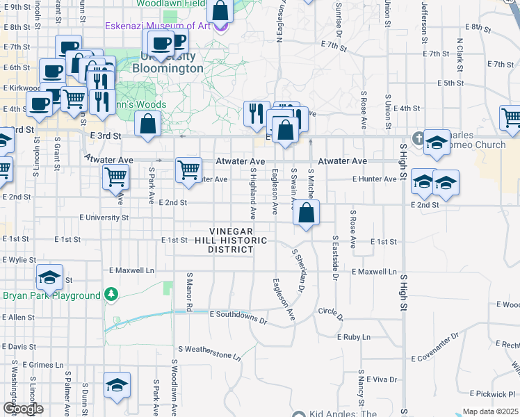 map of restaurants, bars, coffee shops, grocery stores, and more near 1319 East University Street in Bloomington