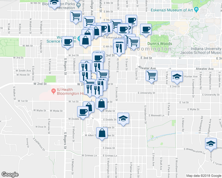map of restaurants, bars, coffee shops, grocery stores, and more near 527 South Washington Street in Bloomington