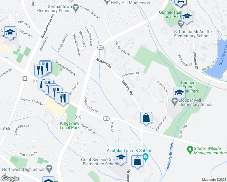 map of restaurants, bars, coffee shops, grocery stores, and more near 18719 Harmony Woods Lane in Germantown