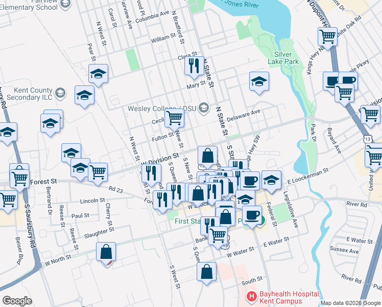 map of restaurants, bars, coffee shops, grocery stores, and more near 8 South New Street in Dover