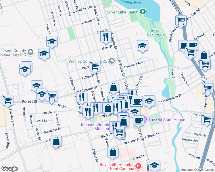 map of restaurants, bars, coffee shops, grocery stores, and more near 8 South Governors Avenue in Dover