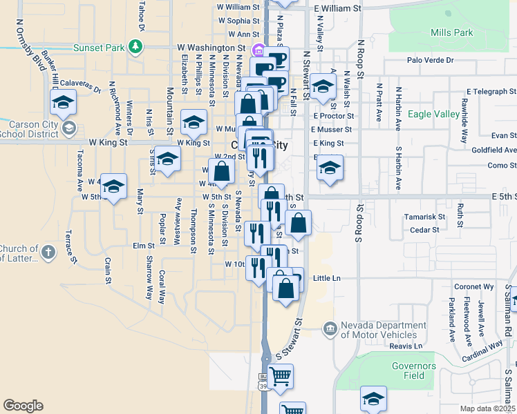 map of restaurants, bars, coffee shops, grocery stores, and more near 600 South Carson Street in Carson City