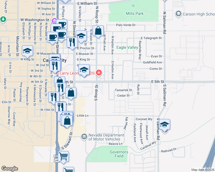 map of restaurants, bars, coffee shops, grocery stores, and more near 621 Linda Kay Court in Carson City