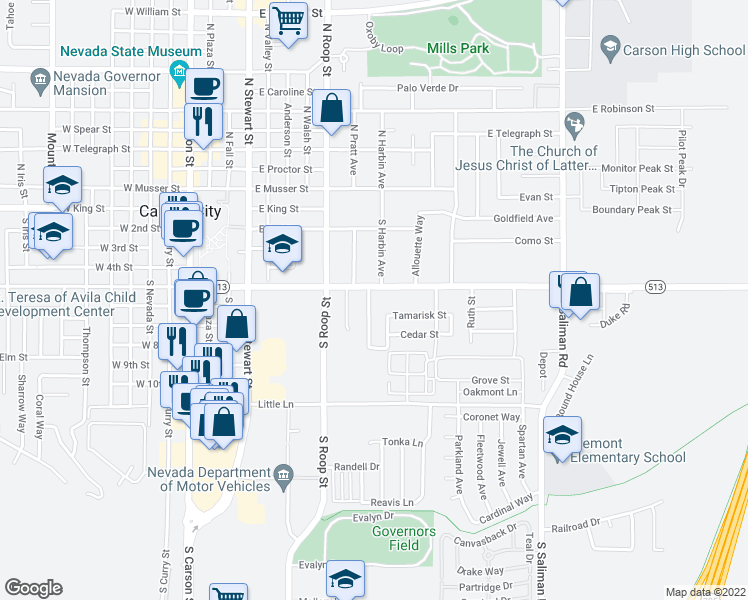 map of restaurants, bars, coffee shops, grocery stores, and more near 511 Country Village Drive in Carson City