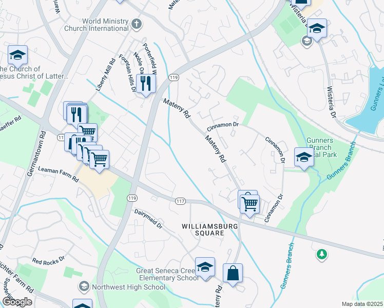 map of restaurants, bars, coffee shops, grocery stores, and more near 18719 Harmony Woods Lane in Germantown
