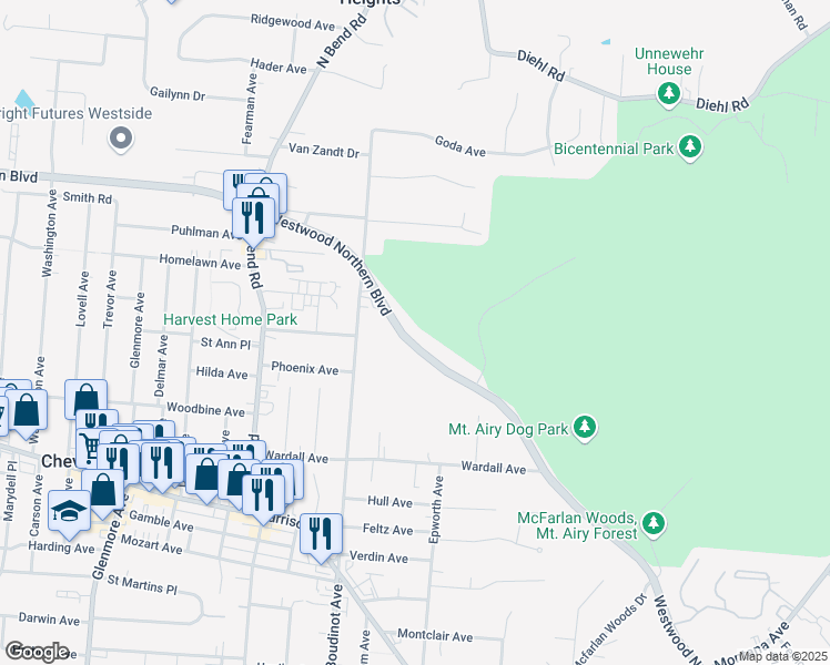 map of restaurants, bars, coffee shops, grocery stores, and more near 3118 Westwood Northern Boulevard in Cincinnati