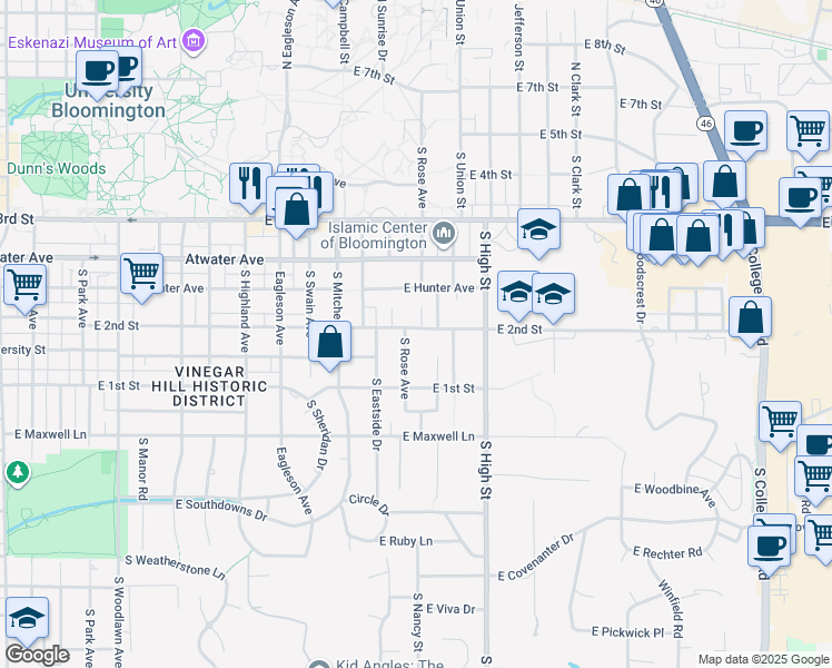 map of restaurants, bars, coffee shops, grocery stores, and more near 620 South Anita Street in Bloomington