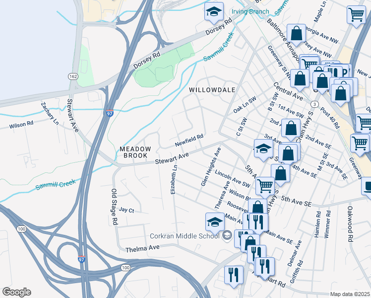 map of restaurants, bars, coffee shops, grocery stores, and more near 530 Stewart Avenue in Glen Burnie