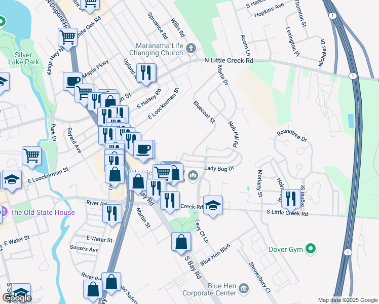 map of restaurants, bars, coffee shops, grocery stores, and more near 110 Nob Hill Road in Dover