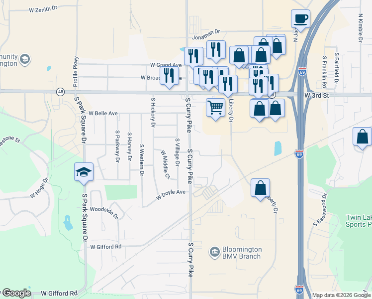 map of restaurants, bars, coffee shops, grocery stores, and more near 700 South Curry Pike in Bloomington