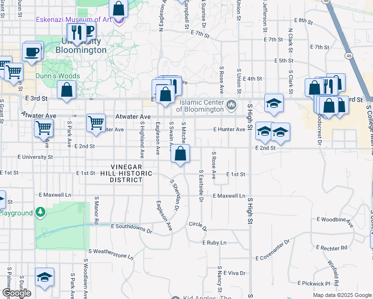 map of restaurants, bars, coffee shops, grocery stores, and more near 615 South Mitchell Street in Bloomington