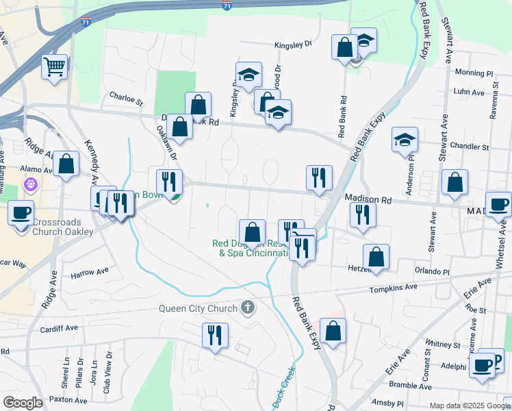 map of restaurants, bars, coffee shops, grocery stores, and more near 5055 Madison Road in Cincinnati