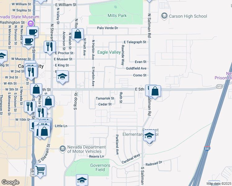 map of restaurants, bars, coffee shops, grocery stores, and more near 1222 Tamarisk Street in Carson City