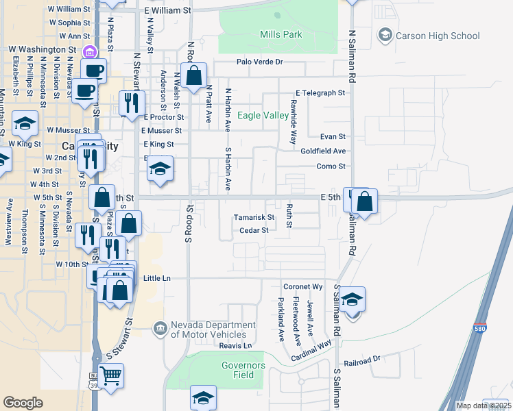 map of restaurants, bars, coffee shops, grocery stores, and more near 1124 Tamarisk Street in Carson City