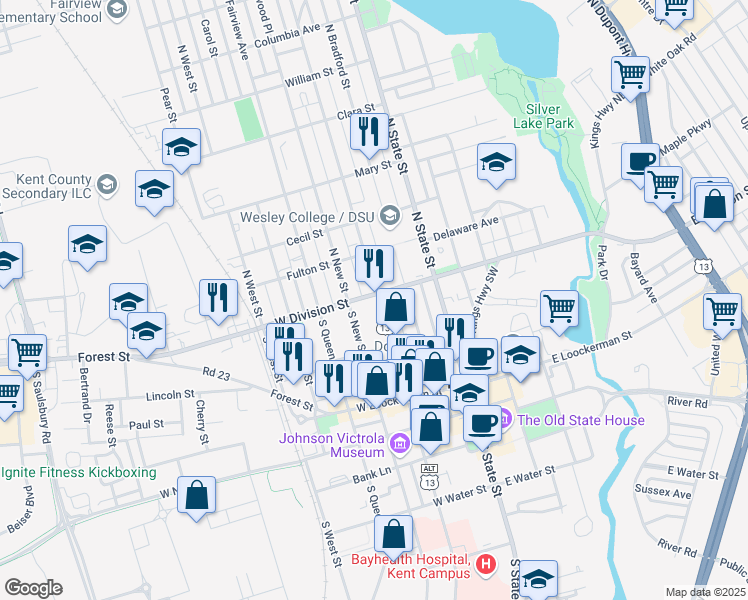 map of restaurants, bars, coffee shops, grocery stores, and more near 17 U.S. 13 Alternate in Dover