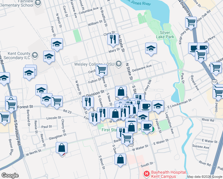 map of restaurants, bars, coffee shops, grocery stores, and more near 8 South New Street in Dover