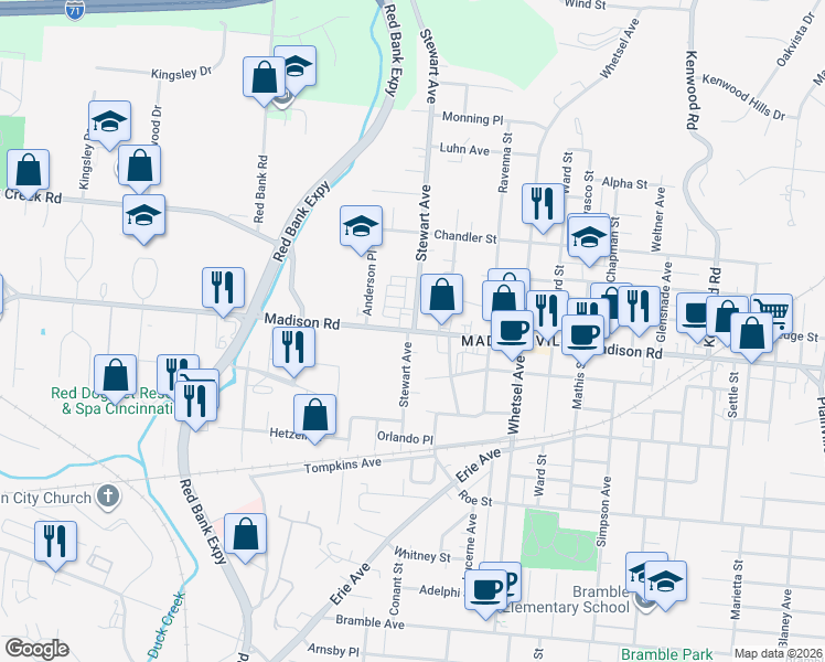 map of restaurants, bars, coffee shops, grocery stores, and more near in Cincinnati